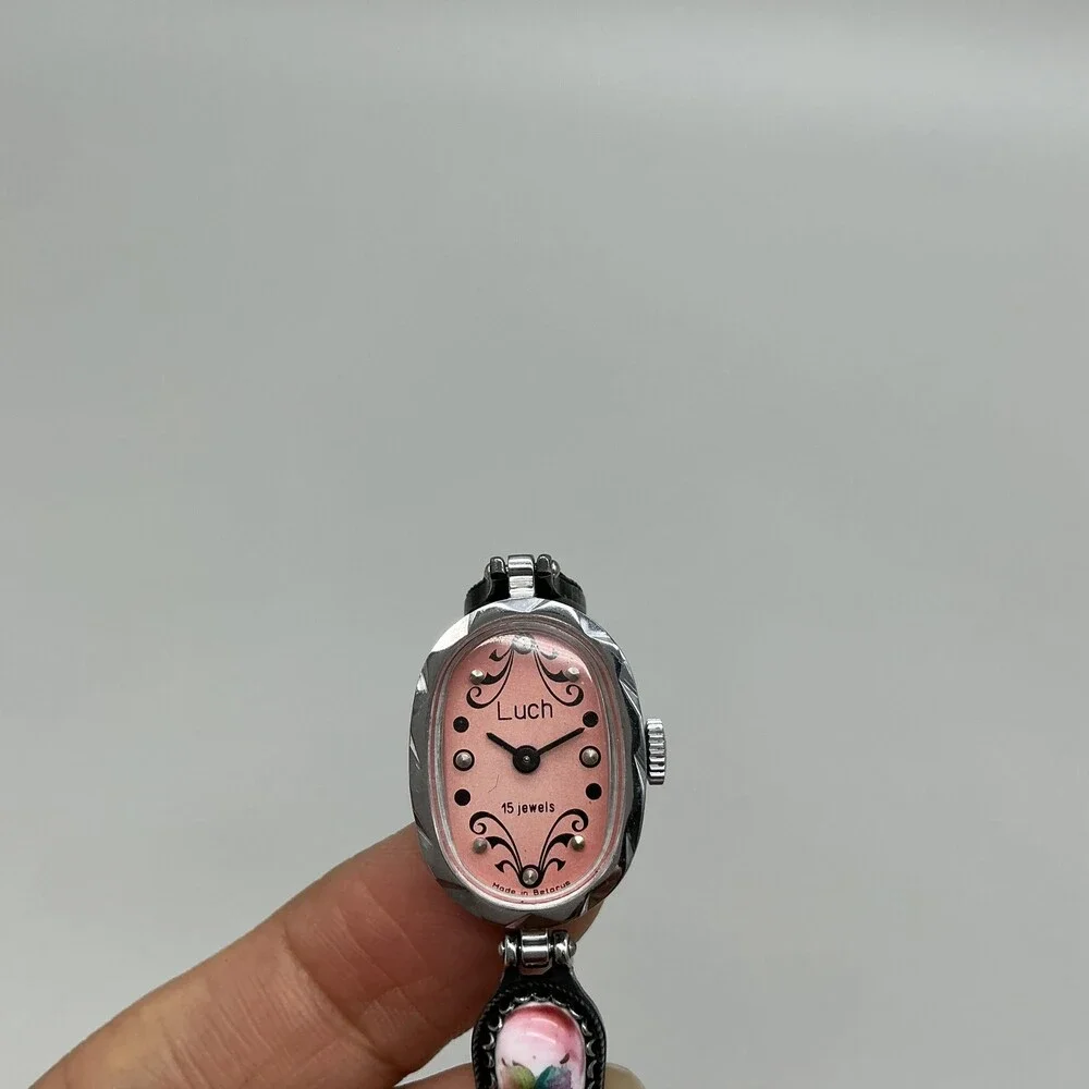 Vintage Luch Womens Watch 17mm Pink Dial Floral Enamel 15 Jewels Manual 6.75